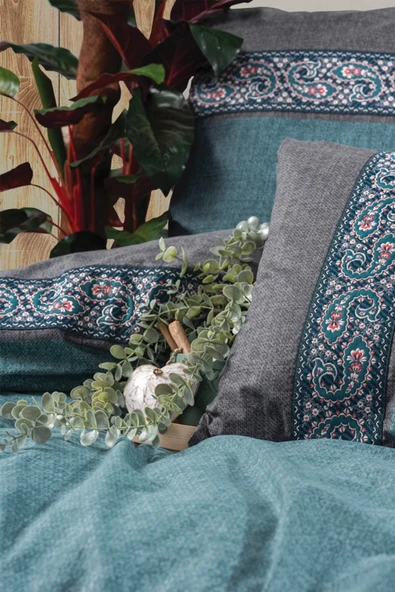 Folk Art Çift Kişilik Pamuk Nevresim Takımı Erna Petrol - Resim 2