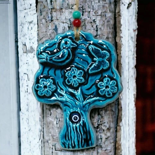 Seramik Kuşlu Nazar Boncuklu Ağaç Modelli Duvar Süsü - 5