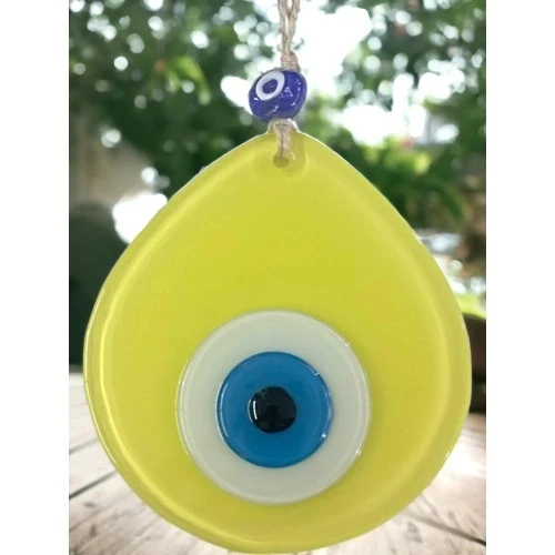 Mavi Nazar Boncuklu Sarı Renk Nazar Boncuklu Damla Desen El Yapımı Duvar Süsü - 4