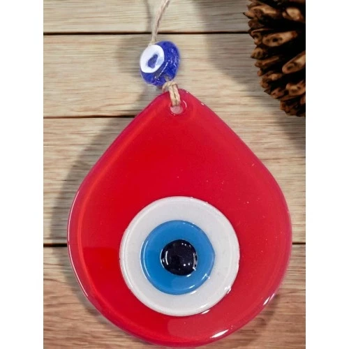 Orta Boy Kırmızı Damla Desen Nazar Boncuklu Duvar Dekoru Cam Duvar Süsü - 5