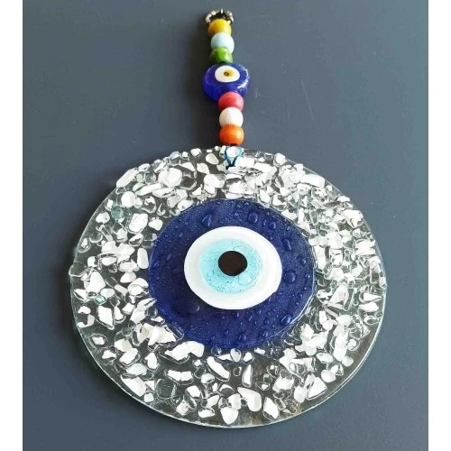 Mavi Nazar Boncuklu Beyaz Kesme Cam Desenli Duvar Süsü Nazarlık - 4