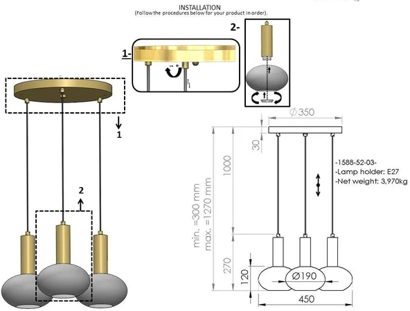 Kabo 3'lü Antik Lak Avize Sarkıt Avize Camlı Avize Salon Avize - Resim 3