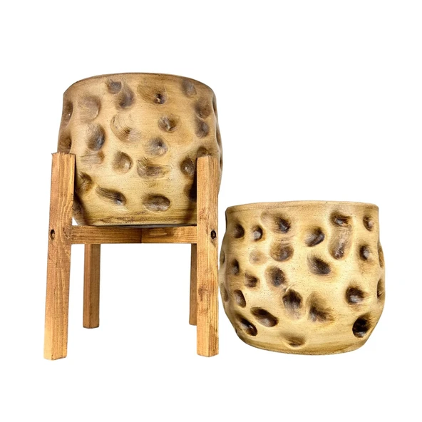 Bitki Tasarımı Ev Dekorasyon Aksesuar Naturel Desenli Toprak Saksı Saksılık Salon Çiçeklik İkili Set 4 Ayaklı - Ayaksız 19 CM - Resim 3