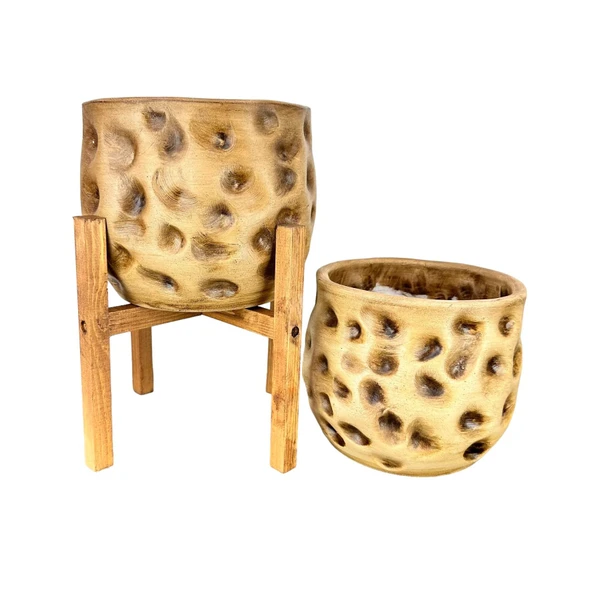 Bitki Tasarımı Ev Dekorasyon Aksesuar Naturel Desenli Toprak Saksı Saksılık Salon Çiçeklik İkili Set 4 Ayaklı - Ayaksız 19 CM - Resim 4