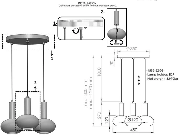 Kabo 3'lü Sıralı Antik Krom Avize - 3