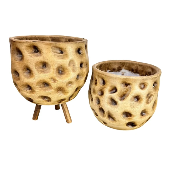 Bitki Tasarımı Ev Dekorasyon Aksesuar Naturel Desenli Toprak Saksı Saksılık Salon Çiçeklik İkili Set Ayaksız - 3 Ayaklı 19 CM - 5