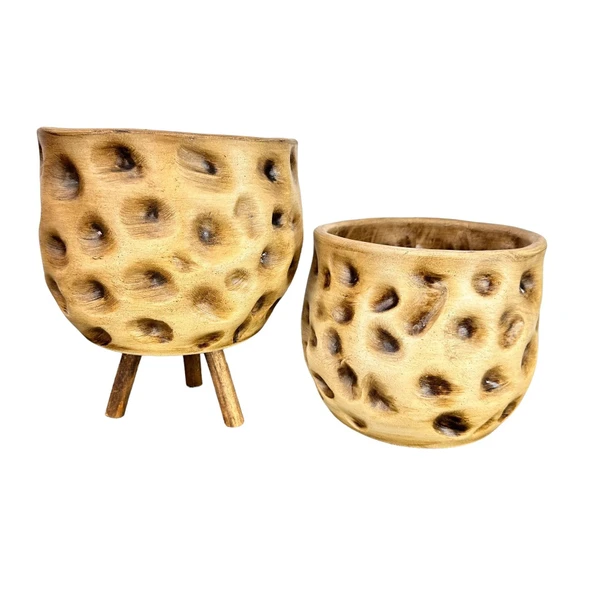 Bitki Tasarımı Ev Dekorasyon Aksesuar Naturel Desenli Toprak Saksı Saksılık Salon Çiçeklik İkili Set Ayaksız - 3 Ayaklı 19 CM - 4