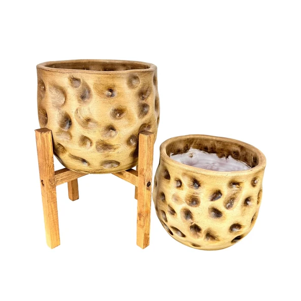 Bitki Tasarımı Ev Dekorasyon Aksesuar Naturel Desenli Toprak Saksı Saksılık Salon Çiçeklik İkili Set 4 Ayaklı - Ayaksız 19 CM - Resim 5