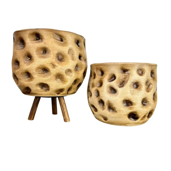 Bitki Tasarımı Ev Dekorasyon Aksesuar Naturel Desenli Toprak Saksı Saksılık Salon Çiçeklik İkili Set Ayaksız - 3 Ayaklı 19 CM - 1
