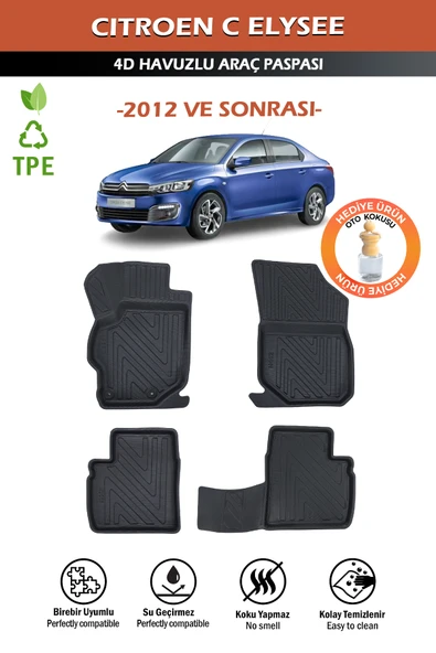 Havuzlu 4d Siyah Paspas Takımı,Citroen C-Elysee 2012 Ve Sonrası 4d Havuzlu Paspas Hediye Araç Kokusu