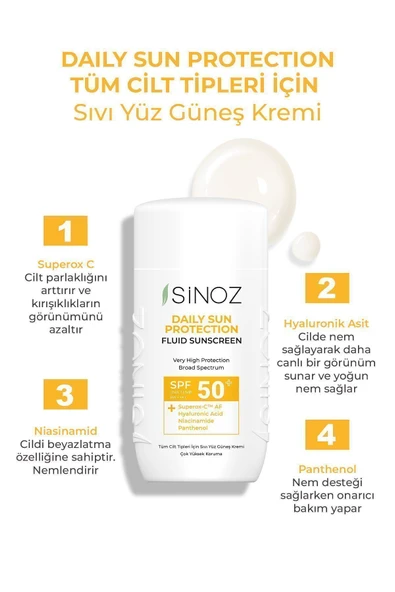 Sinoz Günlük Kullanım Sıvı Yüz Güneş Kremi Yeni Nesil Güneş Filtreleri İle Hibrit Formül SPF50 50 ml - Resim 8