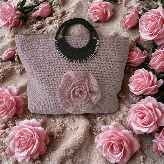 Pembe Gül detaylı Kağıt İp Plaj Çantası - Resim 2