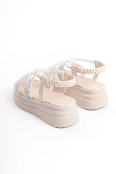 JET-ELENA Lastikli Taşlı Şeritli Ortopedik Taban Kadın Sandalet  CKT - Krem - Resim 5