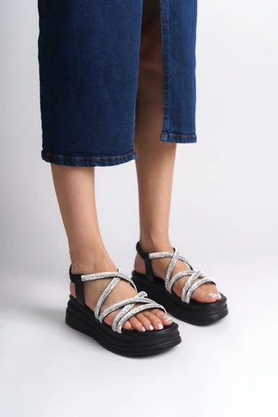 JET-ELENA Lastikli Taşlı Şeritli Ortopedik Taban Kadın Sandalet CST - Siyah ürün görseli