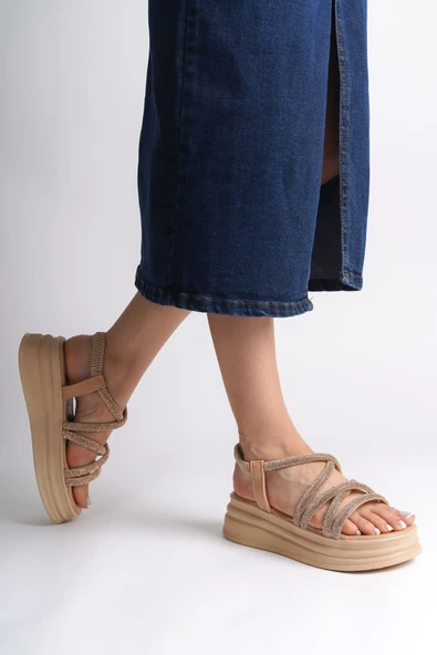 JET-ELENA Lastikli Taşlı Şeritli Ortopedik Taban Kadın Sandalet CTT - Ten ürün görseli