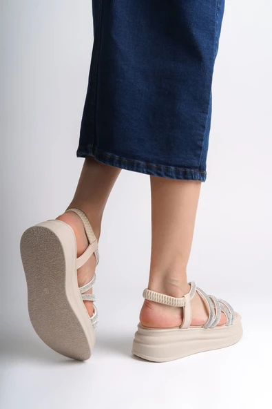 JET-ELENA Lastikli Taşlı Şeritli Ortopedik Taban Kadın Sandalet  CKT - Krem - Resim 3