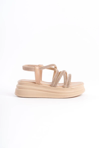 JET-ELENA Lastikli Taşlı Şeritli Ortopedik Taban Kadın Sandalet CTT - Ten - Resim 6