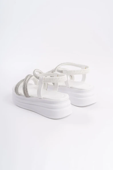 JET-ELENA Lastikli Taşlı Şeritli Ortopedik Taban Kadın Sandalet  CBT - Beyaz - Resim 5