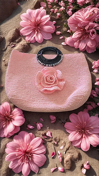 Pembe Gül detaylı Kağıt İp Plaj Çantası ürün görseli