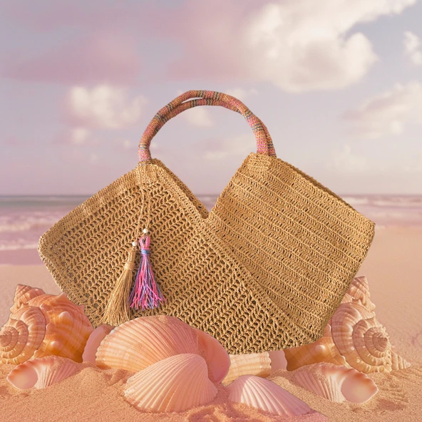 Renkli Saplı Kağıt İp Plaj Çantası - Resim 2