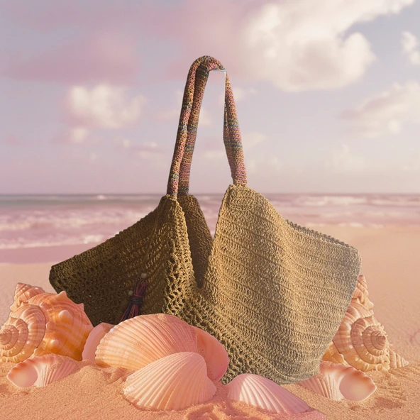 Renkli Saplı Kağıt İp Plaj Çantası - Resim 4