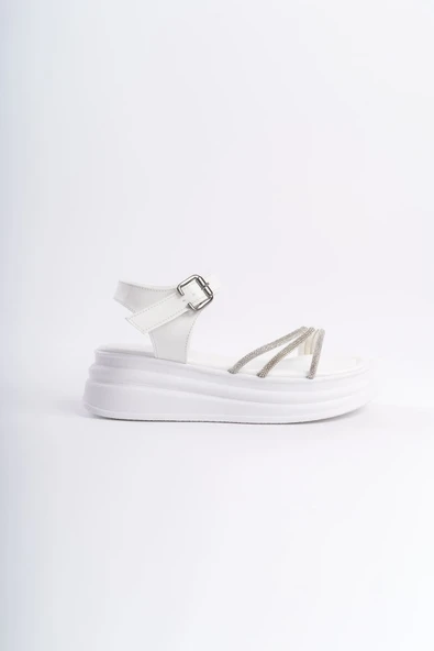 JET-EVA Kalın Tokalı Taşlı Şeritli Ortopedik Taban Kadın Sandalet  CBT - Beyaz - Resim 6