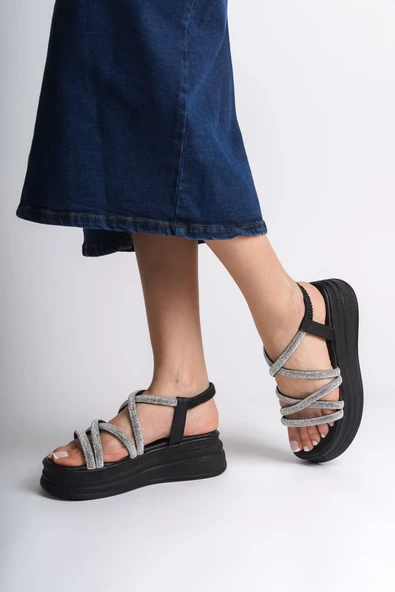 JET-ELENA Lastikli Taşlı Şeritli Ortopedik Taban Kadın Sandalet CST - Siyah - Resim 3