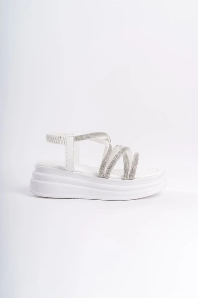 JET-ELENA Lastikli Taşlı Şeritli Ortopedik Taban Kadın Sandalet  CBT - Beyaz - Resim 6