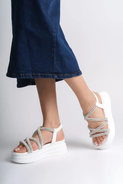 JET-ELENA Lastikli Taşlı Şeritli Ortopedik Taban Kadın Sandalet  CBT - Beyaz - Resim 2