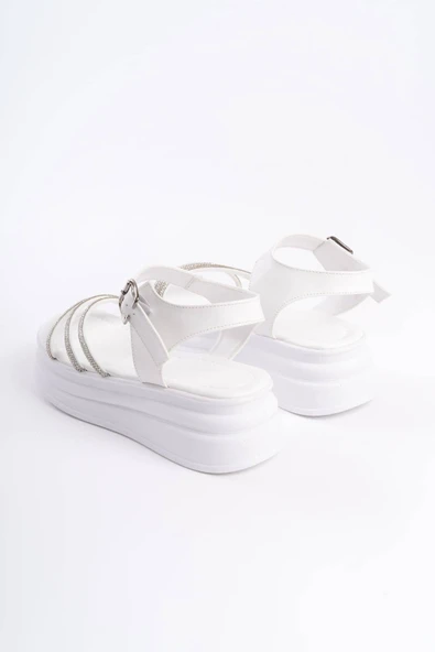 JET-EVA Kalın Tokalı Taşlı Şeritli Ortopedik Taban Kadın Sandalet  CBT - Beyaz - Resim 5