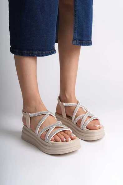 JET-ELENA Lastikli Taşlı Şeritli Ortopedik Taban Kadın Sandalet  CKT - Krem ürün görseli