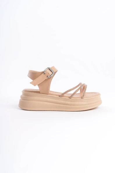 JET-EVA Kalın Tokalı Taşlı Şeritli Ortopedik Taban Kadın Sandalet  CTT - Ten - Resim 6