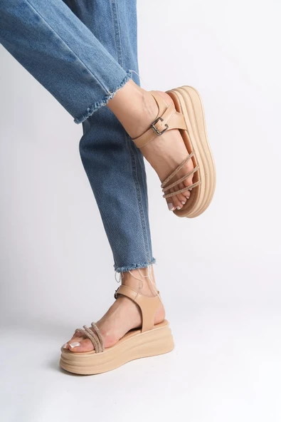 JET-EVA Kalın Tokalı Taşlı Şeritli Ortopedik Taban Kadın Sandalet  CTT - Ten - Resim 3