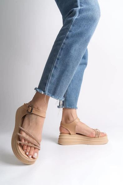 JET-EVA Kalın Tokalı Taşlı Şeritli Ortopedik Taban Kadın Sandalet  CTT - Ten ürün görseli