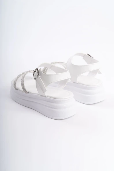 JET-ZLOHE Kalın Tokalı Taşlı Şeritli Ortopedik Taban Kadın Sandalet CBT - Beyaz - Resim 5