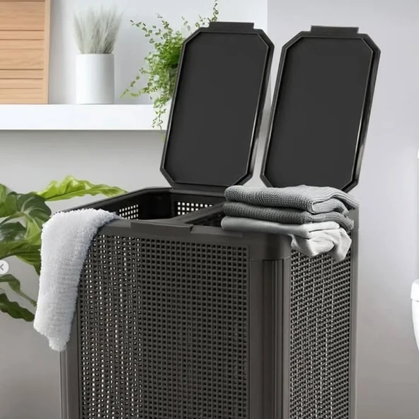 2 Gözlü Kapaklı Çamaşır Sepeti Kirli Sepeti - 2