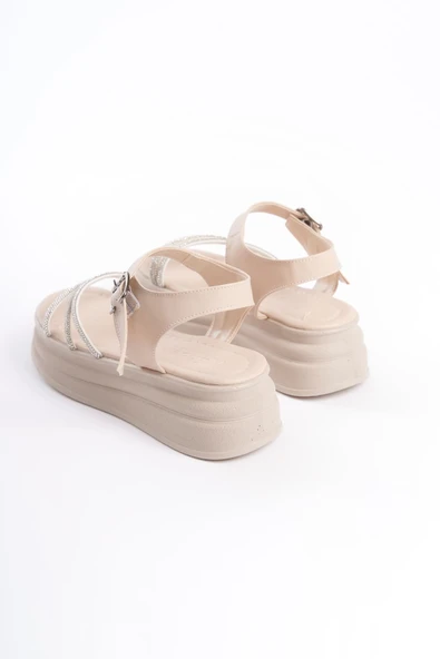 JET-EVA Kalın Tokalı Taşlı Şeritli Ortopedik Taban Kadın Sandalet  CKT - Krem - Resim 5