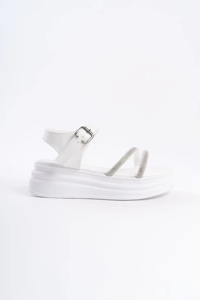 JET-ZLOHE Kalın Tokalı Taşlı Şeritli Ortopedik Taban Kadın Sandalet CBT - Beyaz - Resim 6