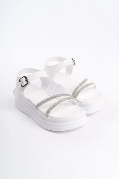 JET-ZLOHE Kalın Tokalı Taşlı Şeritli Ortopedik Taban Kadın Sandalet CBT - Beyaz - Resim 4