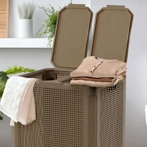 2 Gözlü Kapaklı Çamaşır Sepeti Kirli Sepeti