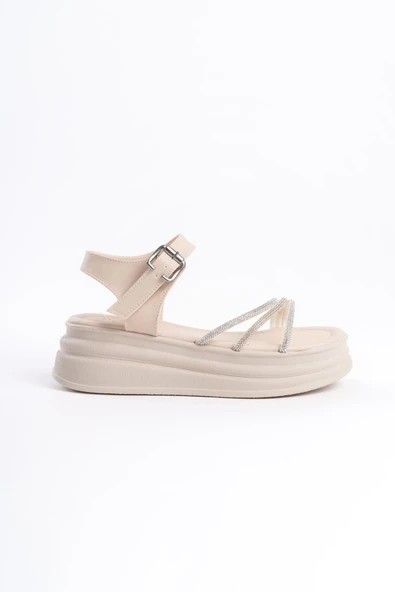 JET-EVA Kalın Tokalı Taşlı Şeritli Ortopedik Taban Kadın Sandalet  CKT - Krem - Resim 6