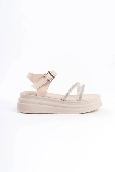 JET-ZLOHE Kalın Tokalı Taşlı Şeritli Ortopedik Taban Kadın Sandalet  CKT - Krem - Resim 6