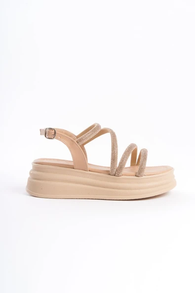 JET-RILEY İnce Tokalı Taşlı Şeritli Ortopedik Taban Kadın Sandalet CTT - Ten - Resim 6