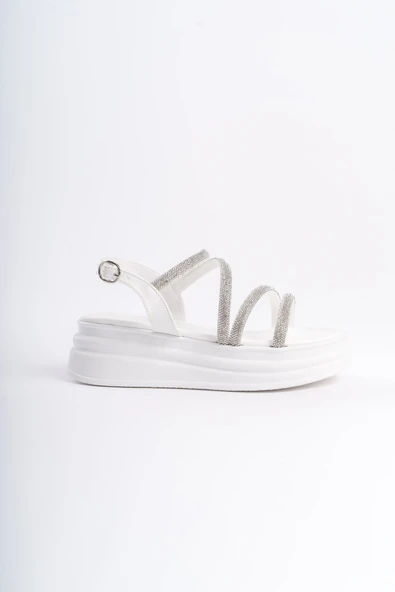 JET-RILEY İnce Tokalı Taşlı Şeritli Ortopedik Taban Kadın Sandalet CBT - Beyaz - Resim 6