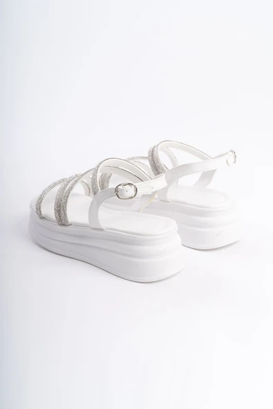 JET-RILEY İnce Tokalı Taşlı Şeritli Ortopedik Taban Kadın Sandalet CBT - Beyaz - Resim 5