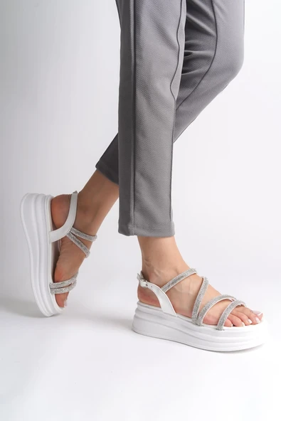 JET-RILEY İnce Tokalı Taşlı Şeritli Ortopedik Taban Kadın Sandalet CBT - Beyaz - Resim 2