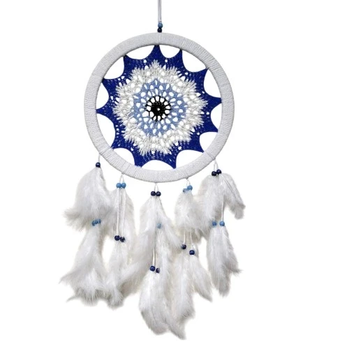 Saks Mavisi Nazar Motifli Kuş Tüylü Duvar Süsü - 4