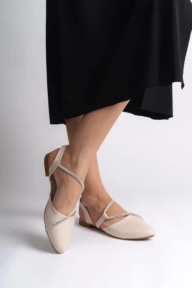 JET-HANNAH Lastikli Ortopedik Rahat Taban Taş Detaylı Kadın Babet Ayakkabı  CKT - Krem - Resim 2