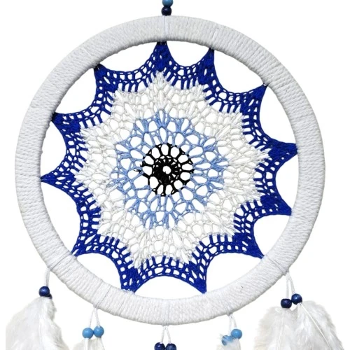 Saks Mavisi Nazar Motifli Kuş Tüylü Duvar Süsü