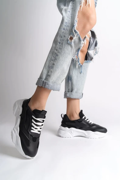 JET-TOKYO Bağcıklı Ortopedik Taban Triko Detaylı Kadın Spor Ayakkabı  TBT - Siyah ürün görseli